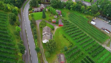 Aerial-Flyover-and-Orbit-of-VIneyard-and-Farm-Next-to-River-in-Ullensvang-Village-in-Norway