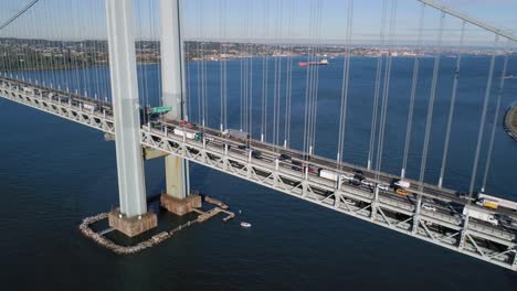 Orbit-Shot-of-Rush-Hour-Traffic-Passing-Over-Verrazzano-Bridge-in-New-York-City