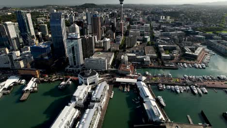 Beautiful-aerial-cityscape-of-Auckland,-CBD-with-skyscrapers,-Sky-Tower-and-harbour