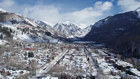 Panning-to-the-right-drone-shot-of-downtown-Telluride,-CO-on-a-bluebird-day