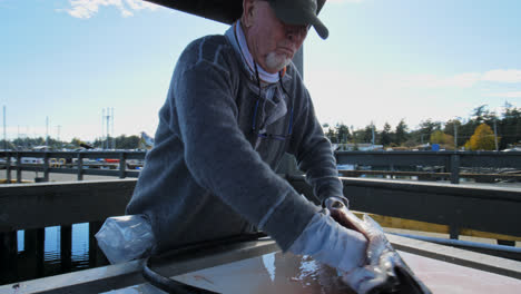 A-man-sitting-outside-taking-the-insides-out-of-fresh-fish