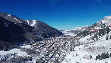 Distant-drone-aerial-view-of-Telluride,-Colorado-in-the-winter