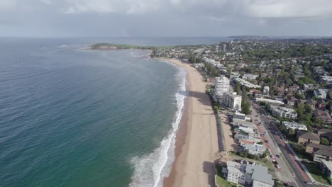 Suburbs-And-Collaroy-Beach-In-Sydney,-NSW,-Australia---aerial-shot