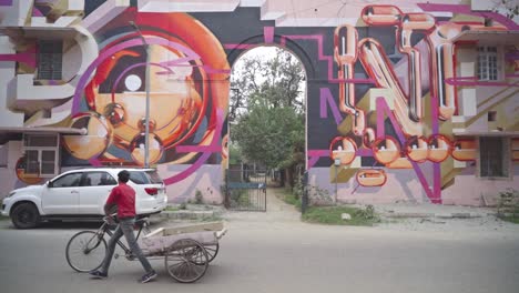 Streets-of-new-India-inspired-artwork-in-open-air-public-art-museum-in-Lodhi-art-district,-New-Delhi