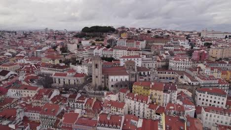 Aerial-circling-view-of-Lisbon-Cathedral,-Se-de-Lisboa,-Lisbon,-Portugal