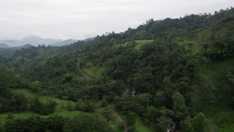 flight-aerial-shot-along-green-jungle-forest-mountains,-rainforest-vegetation-landscape,-rural-drone-shot-with-mountainview