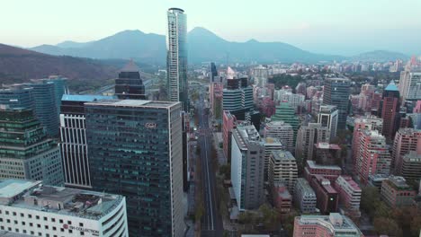 Aerial-dolly-shot-along-the-main-street-of-the-financial-centre-in-Santiago