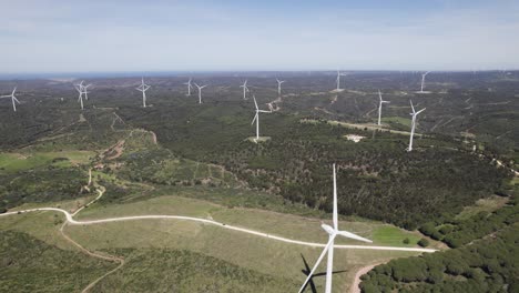 Aerial-panning-view-of-Wind-Farm-in-Barao-de-Sao-Joao,-Portugal