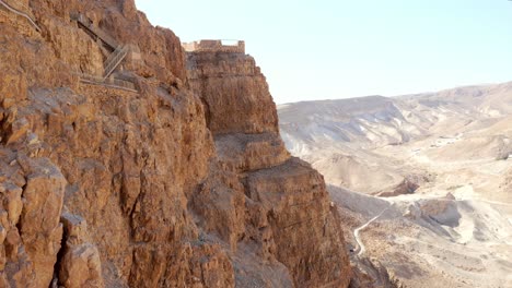 Close-up-shot-of-Snake-Path-pathway-steps-to-the-famous-Masada-fort,-Judaean-Desert,-Israel