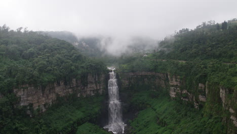 Epic-waterfall-in-jungle-rainforest,-high-humidity-landscape-by-a-powerful-waterfall