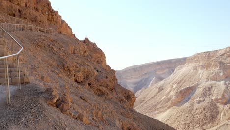 Close-up-shot-of-Snake-Path-pathway-steps-to-the-famous-Masada-fort,-Judaean-Desert,-Israel