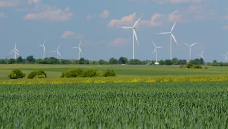 Beautiful-green-grass-landscape-with-wind-turbines-in-the-horizon,-slider-shot