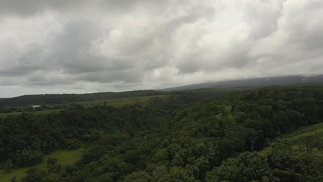 drone-shot-of-the-lush-canopy-of-the-tropical-forest-in-Guadeloupe,-with-clouds-hovering-overhead