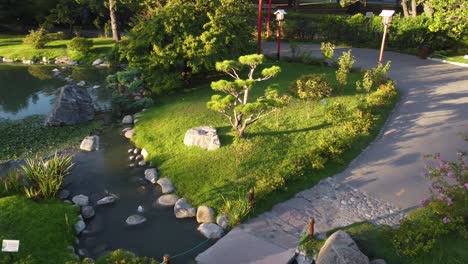 Details-of-Japanese-garden-at-dusk,-Buenos-Aires-city-in-Argentina