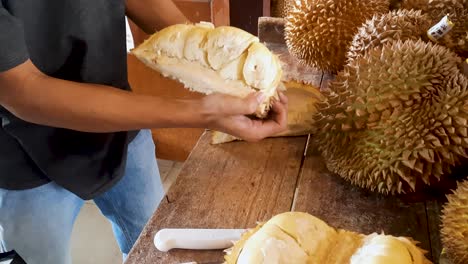 Person-opening-durian-fruit-and-preparing-for-eating,-close-up-view