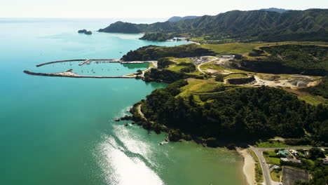 Establishing-aerial-view-of-Port-Tarakohe-in-Tasman-District,-New-Zealand