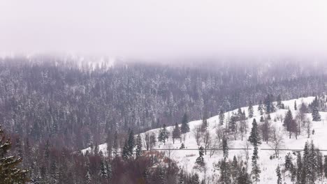 Bewölkter-Himmel-über-Den-Winterwaldbergen.-Weitwinkelaufnahme