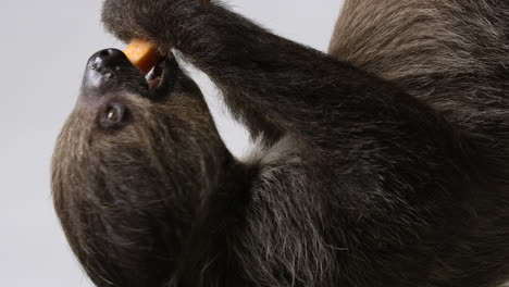 Sloth-eating-slide-of-vegatble-isolated-against-white-background---Side-profile-close-up