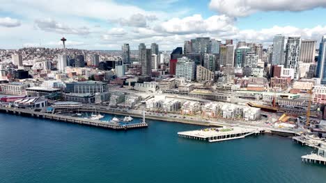 Seattle-waterfront-aerial-view-across-Elliot-bay-pier-cityscape-and-Space-needle-landmark-skyline