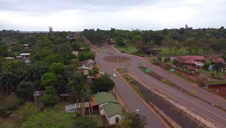 Drone-shot-Argentina-Santa-Ana-Village-Streets-forest-with-midday-afternoon-with-blue-Sky-cloudy-Landscape-around-Santa-Ana-House-in-the-Forest