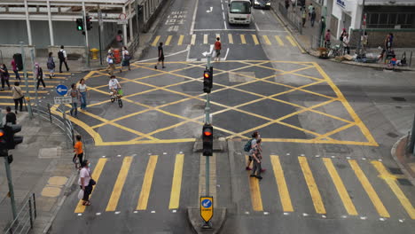 Vista-De-ángulo-Alto-Mirando-Hacia-Abajo-A-Las-Personas-Que-Cruzan-La-Intersección-En-Hong-Kong
