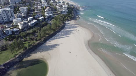 Waves-And-White-Sandy-Beach,-Kings-Beach,-Caloundra,-Queensland,-Australia---aerial-drone-shot