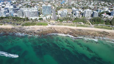 Beachfront-Hotels-At-Daytime,-Mooloolaba,-Queensland,-Australia---aerial-drone-shot