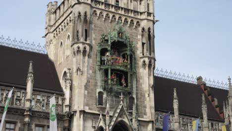 Looking-Up-At-Famous-Clock-Tower-in-Marienplatz-in-Munich