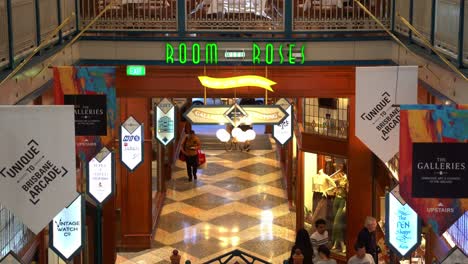 Static-shot-capturing-Room-with-Roses-restaurant-dining-at-heritage-Brisbane-Arcade,-fashion-boutiques,-high-end-shopping-galleria,-jewellery-stores-at-downtown-Queen-street-mall,-Brisbane-city