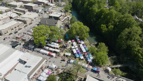 Stalls-And-Booths-During-Dogwood-Festival-In-Siloam-Springs,-Arkansas,-USA---aerial-shot