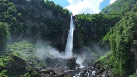 Idyllic-Landscape-Of-Foroglio-Waterfall-In-Bavona-Valley,-Switzerland---drone-shot