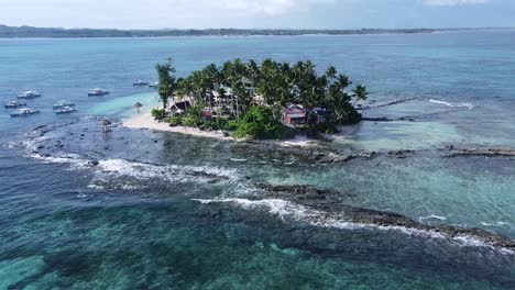 Static-aerial-view-of-Guyam-Island,-a-small-lush-tropical-islet-in-Siargao