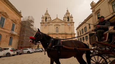 Caballo-Y-Calesa-Fuera-De-Las-Murallas-De-La-Ciudad-De-Mdina,-Malta