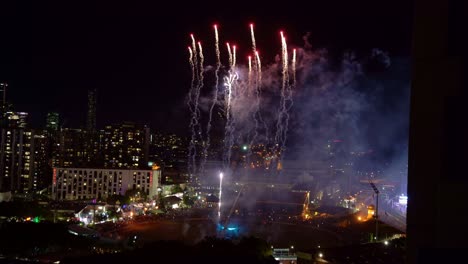 Iconic-Ekka-Royal-Queensland-Show,-beautiful-fireworks-display-in-one-of-the-EkkaNites-at-the-RNA-showgrounds,-Bowen-hills