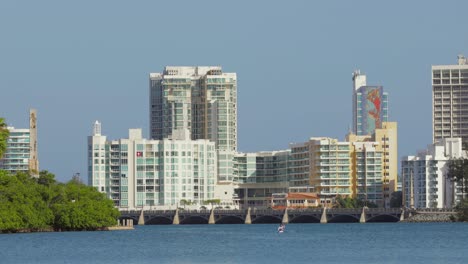 Person-kayaks-in-open-water-with-Hilton-hotels-and-Puente-Dos-Hermanos-of-the-Condado-area-of-the-city-in-the-background---Pan-right---Wide-Shot