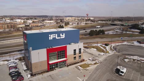 iFly-recreational-center-for-indoor-skydiving,-building-exterior,-aerial-view