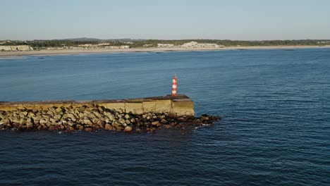 Aerial-Panoramic-around-North-Breakwater-Lighthouse-of-Vila-do-Conde