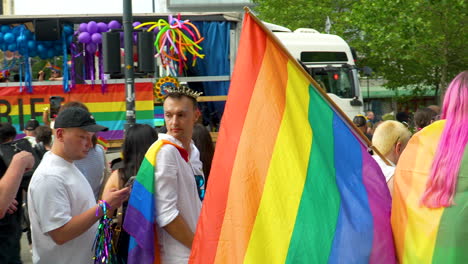Close-up-shot-of-polish-people-celebrating-LGBT-community-pride-parade-on-road-of-Warsaw-in-summer