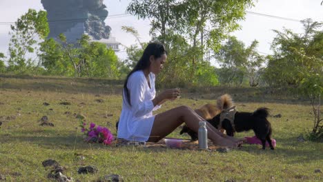 Südostasiatisches-Mädchen-Mit-Weißem-Kleid-Sitzt-Auf-Einer-Wiese-Und-Streichelt-Und-Füttert-Zwei-Hunde