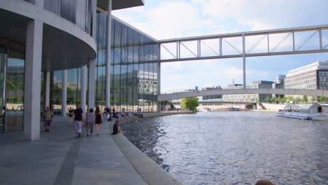 Berlin-Scenery-with-People-relaxing-at-Spree-River-Modern-Architecture