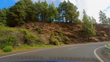 Paseo-Panorámico-Por-La-Montaña-En-Una-Carretera-Con-Curvas,-Punto-De-Vista-Del-Conductor,-Rodeado-De-Montañas-Altas-Y-Vegetación-Verde-Exuberante,-Lapso-De-Tiempo,-Parque-Nacional-Del-Teide,-Tenerife,-Islas-Canarias,-España,-Europa