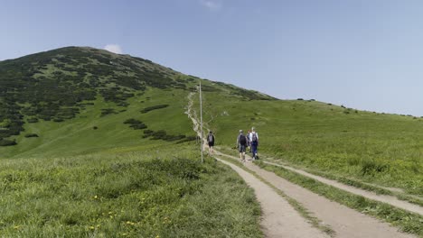 Hikers-heading-up-a-mountain-trail-to-the-top-of-a-hill-on-a-hot-summer-day