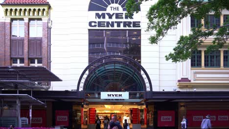 The-entrance-exterior-of-Myer-Centre-at-Queen-Street-Mall,-downtown-Brisbane-city,-Australian-retail-giant-Myer-will-close-down-its-Queensland-flagship-store-at-namesake-shopping-centre,-static-shot