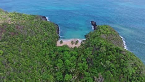 Aerial-establishing-shot-of-paradise-with-palm-trees,-private-beach-and-blue-Caribbean-Sea---Tilt-up-pullback-shot