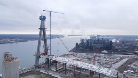 Building-progress-of-Gordie-Howe-international-bridge,-aerial-view