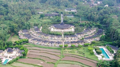Luxury-lodges-on-hillside-of-Indonesia,-Central-Java,-aerial-view