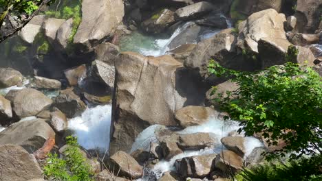 Water-Cascading-On-Rocks-In-Foroglio-Waterfall-In-Bavona-Valley,-Switzerland---high-angle