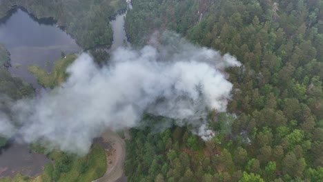 Forest-Wildfire-after-drought-and-lightning-strike-in-Stamnes-at-Vaksdal-in-western-Norway---Aerial-looking-down-at-wetlands-area-and-fire-with-smoke