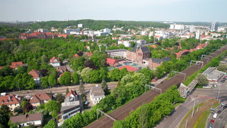 Aerial-approaching-shot-of-historical-University-of-technology-in-Gdansk-during-sunny-day