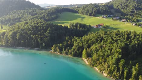Antena-Sensacional-Del-Lago-Austríaco,-Agua-Azul-Vibrante,-Bosque-Verde,-Día-Soleado